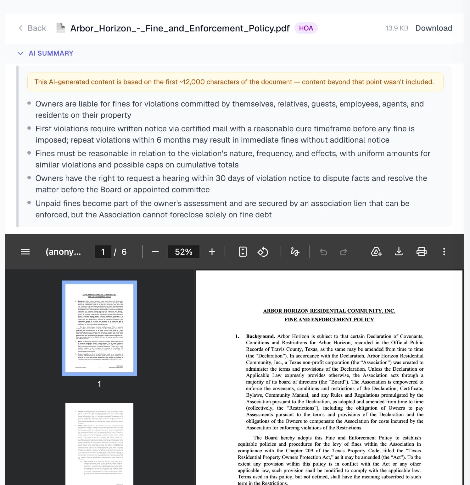 Yenavi AI summary of an HOA fine and enforcement policy document, with key points extracted alongside the source PDF