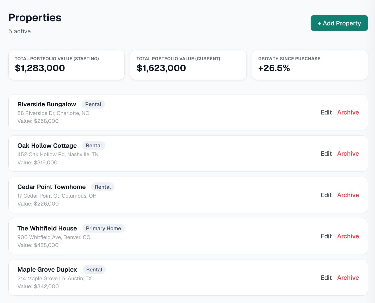 Yenavi properties list showing portfolio value totals and individual property cards with address and value